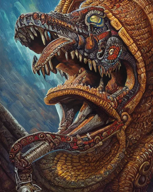 Prompt: digital painting of mayan feathered serpent god, by filipe pagliuso and justin gerard, fantasy, highly detailed, intricate, sharp focus, tarot card, serpent head, fangs