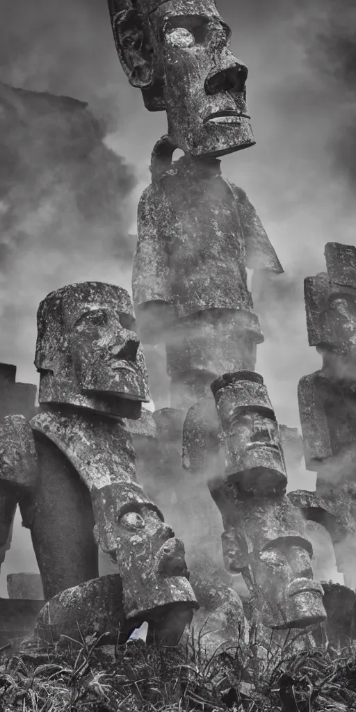 Prompt: particulate smoky cloud ancient ruin statue female wanderlust time giant tentacle machine robot android techno gasoline fire monster battle rust and decay skulls like easter island for robots
