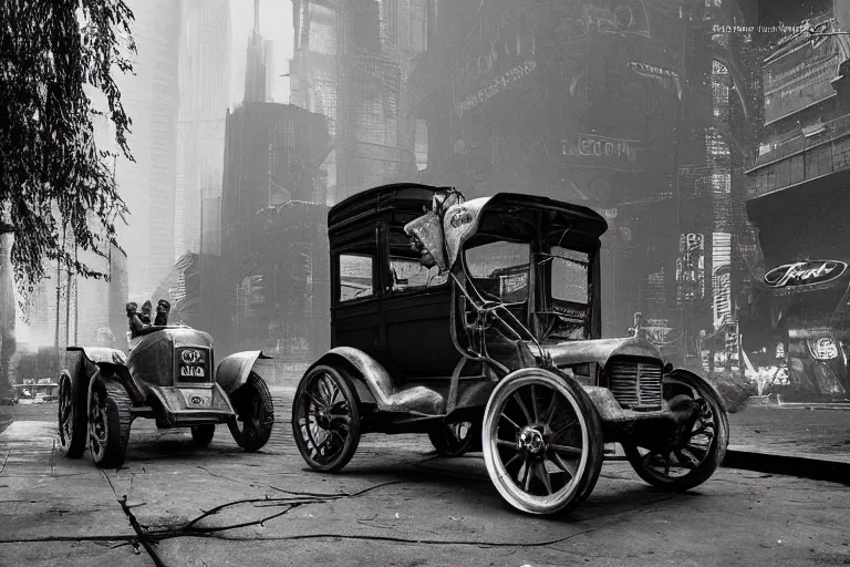 Image similar to cyberpunk 1 9 0 8 model ford t by paul lehr, metropolis, vintage, solar, black and white photo