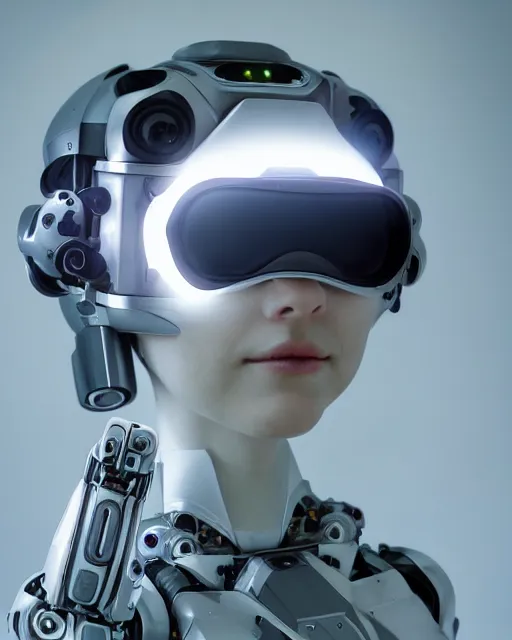 Prompt: centered portrait photo by bouguereau of blissful girl as a solarpunk mecha humanoid robotic parts wearing goggles with bright lights, real human face, serpentine pose, inside white room, ultra - realistic and detailed, 8 k