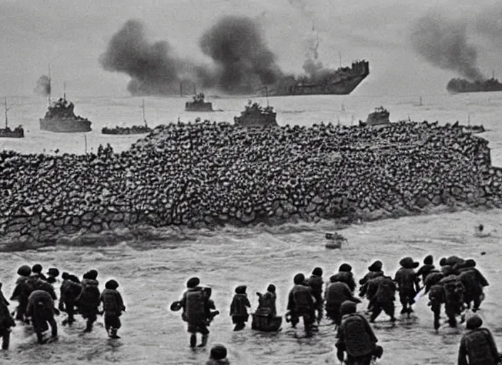 Prompt: despicable me minions storming the beaches of Normandy on d-day, world war 2 old photo, grainy