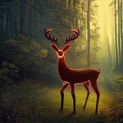 Image similar to a robot deer standing in the woods, digital art, cinematic lighting, epic composition, highly detailed