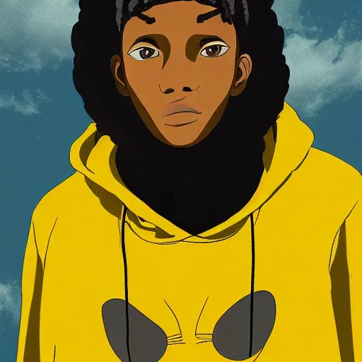 Image similar to portrait of black man wearing a yellow hoodie studio ghibli, fantasy, medium shot, asymmetrical, intricate, elegant, matte painting, illustration,