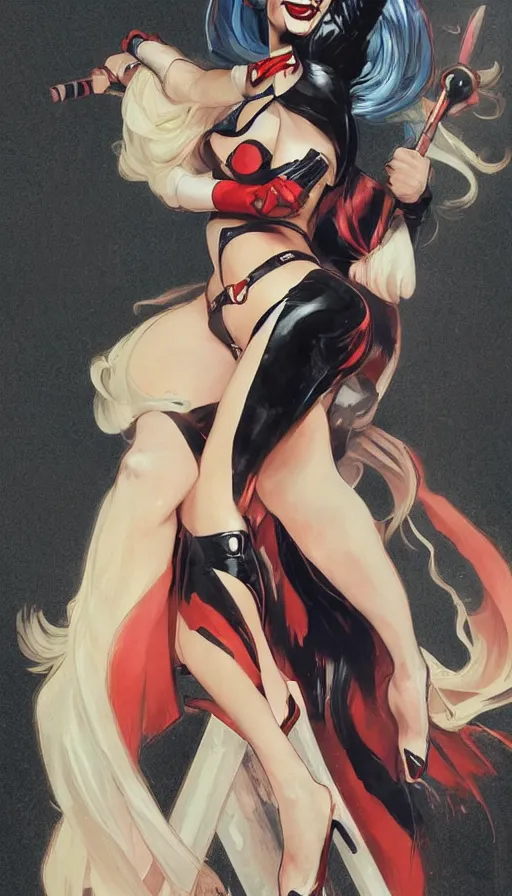 Prompt: margot robbie as harley quinn in a pin - up pose figure by artgerm, greg rutkowski and alphonse mucha, concept art, matte, intricate, full body, epic composition