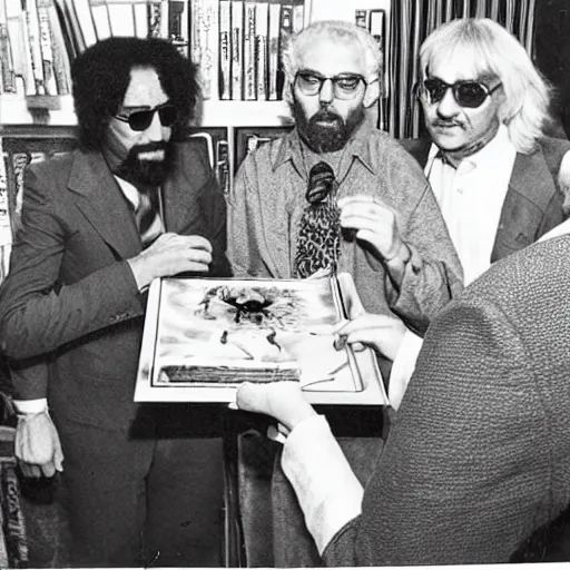 Image similar to Abdul Alhazred signs Necronomicons at a book signing event, 1974 vintage photo