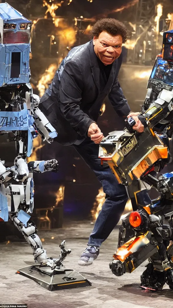 Image similar to craig charles engaged in hand to hand combat with one of the robots on robot wars uk