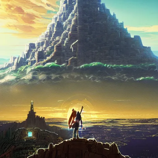 Prompt: Tower of Babel, A mighty city and a tower with its top in the heavens, Atmosphere, Dramatic lighting, Epic composition, Close up, Wide angle, Low angle, by Miyazaki, Nausicaa Ghibli, Breath of The Wild,