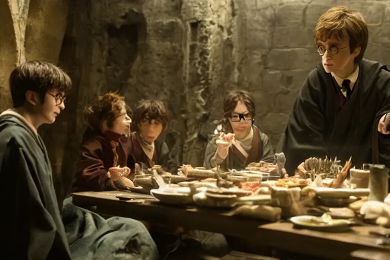 Prompt: Harry potter film, a scene where Harry Potter eating in a Concrete wall basement, Sushi is placed on a small aluminum table placed in the center, Dark cinematic color tones.