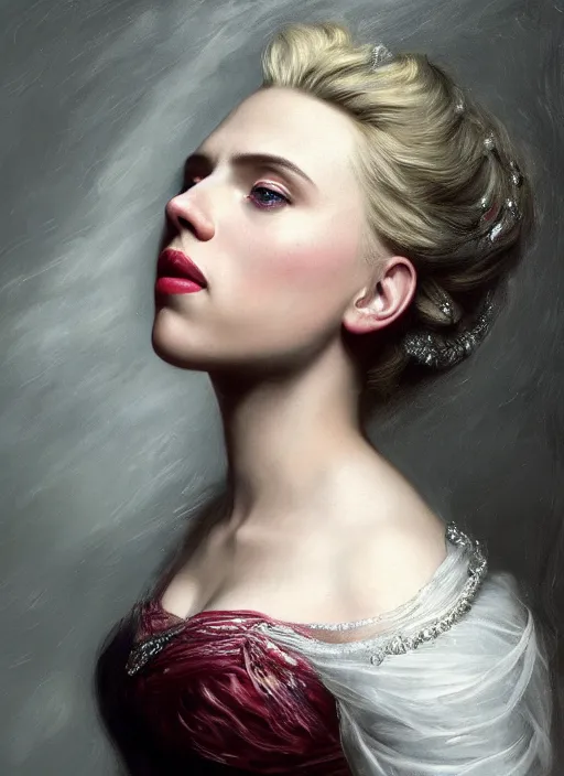 Image similar to Beautiful elsa, Scarlett Johansson,, Dramatic, Edge, Good, Infused, Backlight, De-Noise, VFX, insanely detailed and intricate, hypermaximalist, facial ,elegant, ornate, hyper realistic, super detailed, by Anthony Van Dyck, by Ivan Shishkin, by John Constable