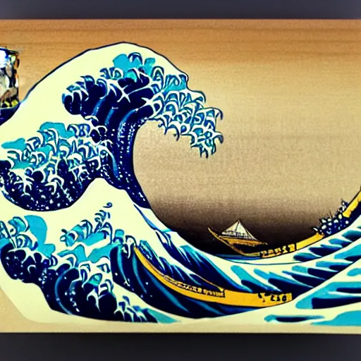 Image similar to surfer girl, woodblock print, style of hokusai, fine art, style of the great wave off kanagawa, painting