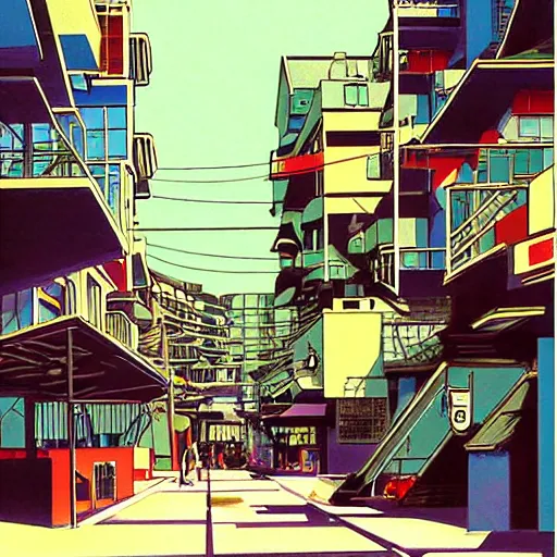 Image similar to japanese town, neighborhood, modern neighborhood, japanese city, underground city, modern city, tokyo - esque town, 2 0 0 1 anime, cel - shading, compact buildings, art by syd mead