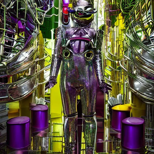 Image similar to conde nast traveler photo, inside a futuristic detailed alien jungle made out of shiny reflective chrome, futuristic android with limbs made out of stretchy rubber tubing mixed with shiny colorful giant intricate detailed chrome gauntlets and chest piece and luchador mask, wearing a long purple velvet cape, fog and mist