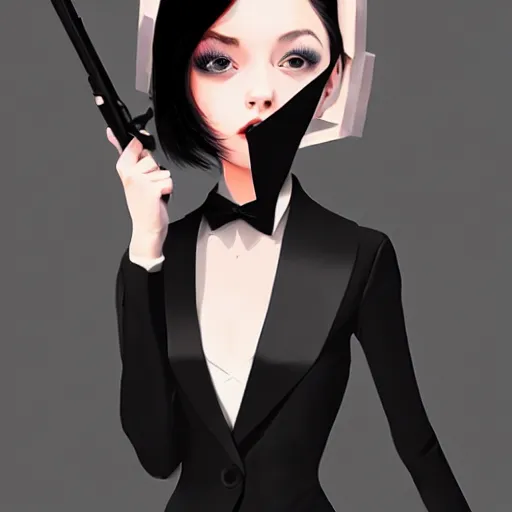 Image similar to young female in black tuxedo, corporate boss, luxury, muted colors, matte print, pastel colors, 2d, ultra highly detailed, smooth, sharp focus, digital art, digital painting, fan art, elegant, artstation, by Ilya Kuvshinov