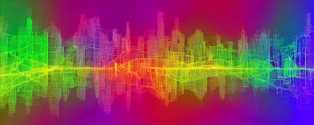 Prompt: bright lattices of data and logic in the shape of a city skyline unfolding across a vast colorless void, in the style of colorful digital art, in the shape of an audio waveform