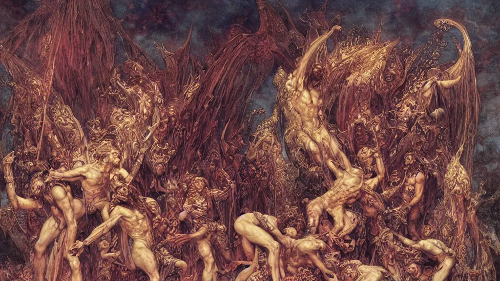 Image similar to satans fall from paradise into hell by gustave dore, james ryman, wayne barlowe, alphone mucha. beautiful color