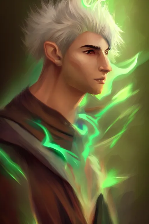 Image similar to a human elemental sorcerer, forest setting, colorful magic, male, white skin, portrait, young, sharp focus, concept art, dynamic lighting, by emylie boivin