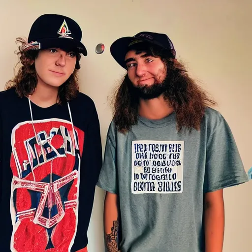 Image similar to 19-year-old girl with shaggy hair standing next to 19-year-old boy with baseball cap, stoner rock and nü metal coexisting, 2022 photograph