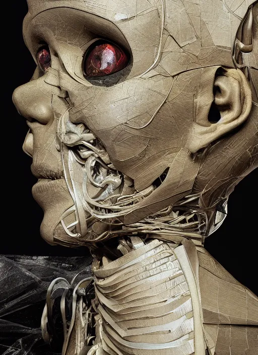 Image similar to Subsequent layers peeling back to reveal a ventriloquist dummy's cybernetic skin, digital art extreme detail, octane render, 8k, by Dave McKean and artgerm and Ilya Repin