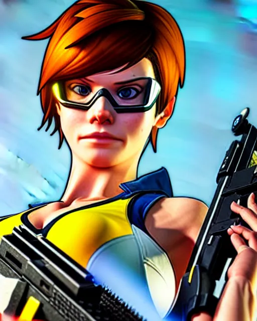 Image similar to gta 5, grand theft auto 5 cover art of tracer from overwatch