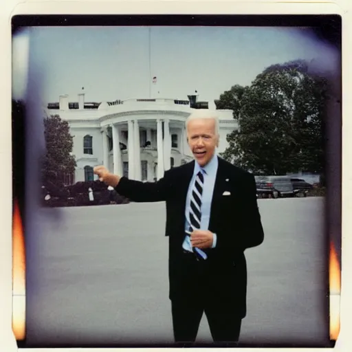 Image similar to polaroid photograph of Joe Biden standing in front of the white house on fire