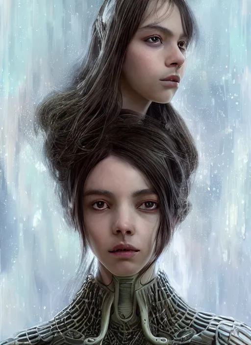 Image similar to a photorealistic portrait of a beautiful young female alien, clothed in ethereal armor, olive skin, long dark hair, beautiful bone structure, symmetrical facial features, intricate, elegant, digital painting, concept art, smooth, sharp focus, finely detailed, illustration, from Valerian and the City of a Thousand Planets, by Ruan Jia and Mandy Jurgens and Artgerm and William-Adolphe Bouguerea