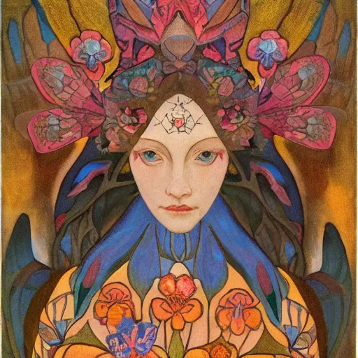 Image similar to the moth crown, by Annie Swynnerton and Nicholas Roerich and Diego Rivera, bioluminescent skin, floral tattoos, wings made out of flowers, elaborate costume, geometric ornament, symbolist, smooth, sharp focus, extremely detailed