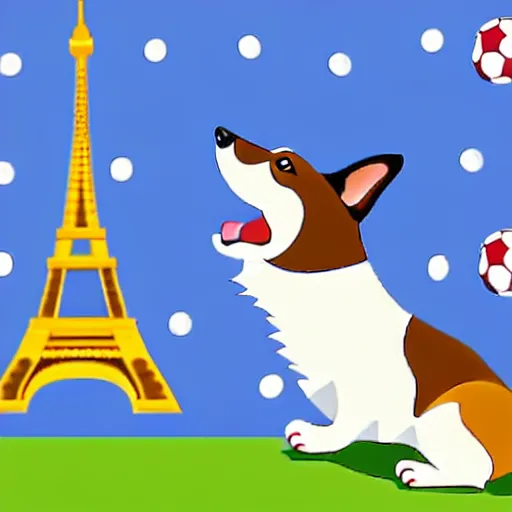 Image similar to illustration of french boy playing football with a corgi wearing a polkadot scarf in front of the eiffel tower