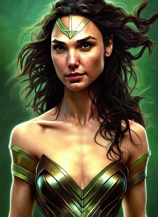 Image similar to portrait of gal gadot as a goblin, d & d, muscular! green, fantasy, intricate, elegant, highly detailed, digital painting, artstation, concept art, smooth, sharp focus, illustration, art by artgerm and greg rutkowski and alphonse mucha