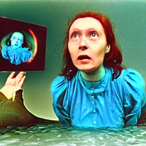 Image similar to surprised woman who has given birth to an inflatable fish, Tarkovsky film, archival footage, technicolor film expired film live-action, 16mm