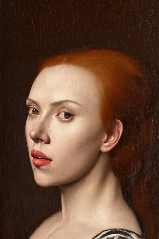 Prompt: portrait of scarlett johansson, oil painting by jan van eyck, by hans holbein, northern renaissance art, old masters, alla prima, realistic, expressive emotions, intricate textures, illusionistic detail, masterpiece