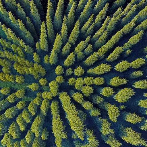Image similar to a top down view of a digital painting of a thick pine tree forest