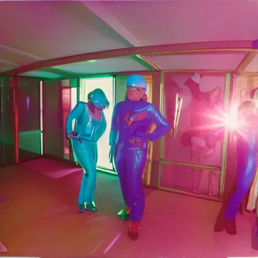 Prompt: first-person perspective view of people wearing shiny skiwear having a party inside of a 1970s luxury bungalow with infinity mirror on wall, at dusk, ektachrome photograph, f8 aperture