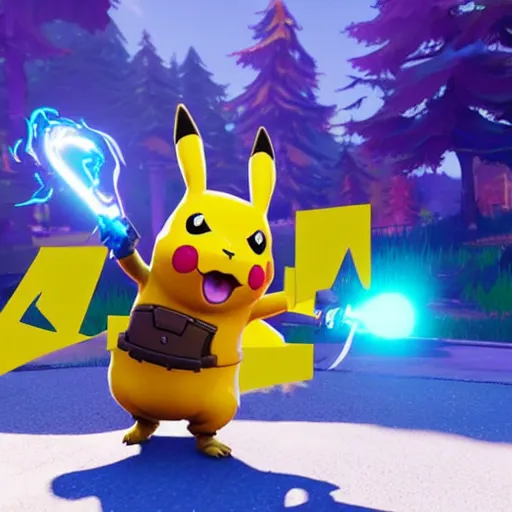 Image similar to screen shot from fortnite pikachu in fornite holding shotgun ray tracing 3 d cgsociety dramatic lighting