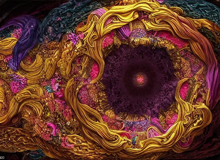 Image similar to the ouroboros of infinite flower universes, by adriaen van der spelt, dichromatism, paradox, volumetric light, insanely detailed and intricate, hypermaximalist, warm colors, dramatic lighting, smooth, sharp focus, extremely detailed, aesthetically pleasing composition