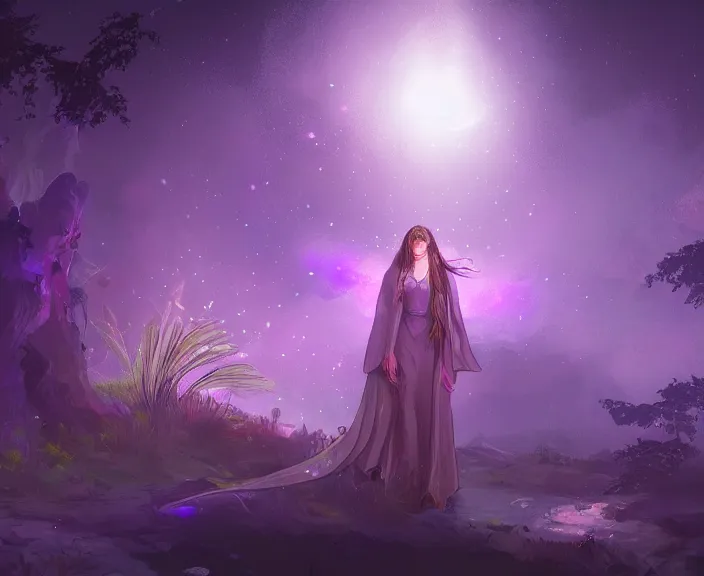 Prompt: an illustration of a mystical spiritual scene with a young woman in it, with starry dusted light, purple - tinted, wide - angle, high contrast, highly detailed, sharp focus, digital painting, illustration, trending on artstation,