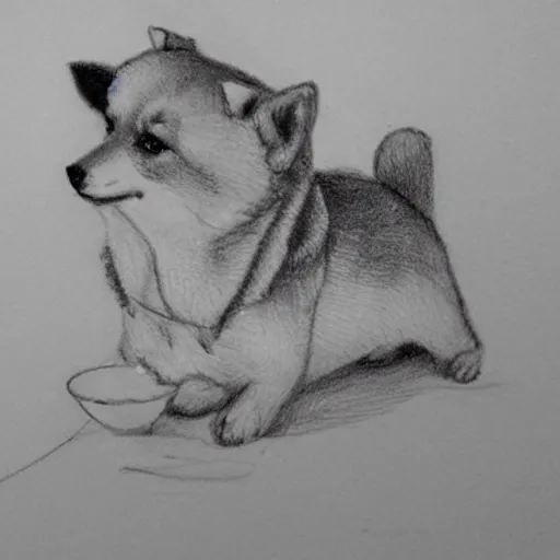 Image similar to pencil sketch of a shiba inu smoking a cigarette, sad expression