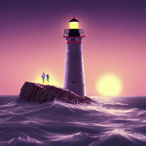 Image similar to lighthouse in the moon, epic retrowave art, trending on art station