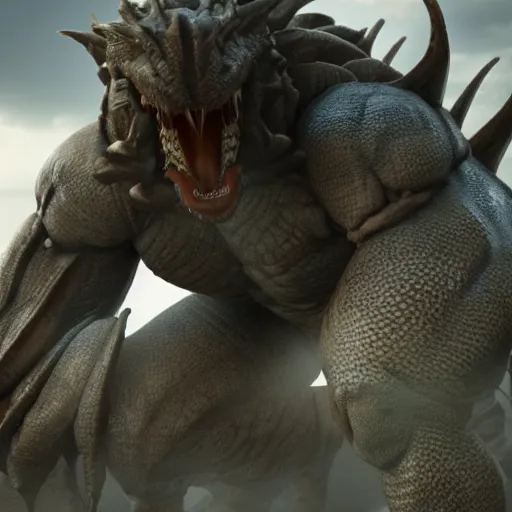 Image similar to 5 meters tall muscular dragon armored giant man in shorts, high definition movie, photorealistic detail, futuristic production, adventure movie, 8 k