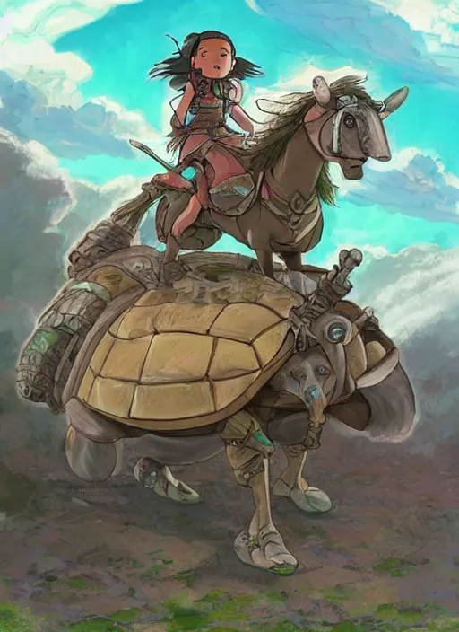 Prompt: portrait of a little warrior girl character riding on top of a giant armored turtle in the desert, studio ghibli epic character with dark skin and beautiful green eyes, very beautiful detailed symmetrical face, long black hair, bright colors, diffuse light, dramatic landscape, fantasy illustration