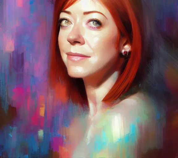 Image similar to a hyper-detailed portrait of Alyson Hannigan by Craig Mullins; oil on canvas; trending on artstation; 90mm; f/1.4