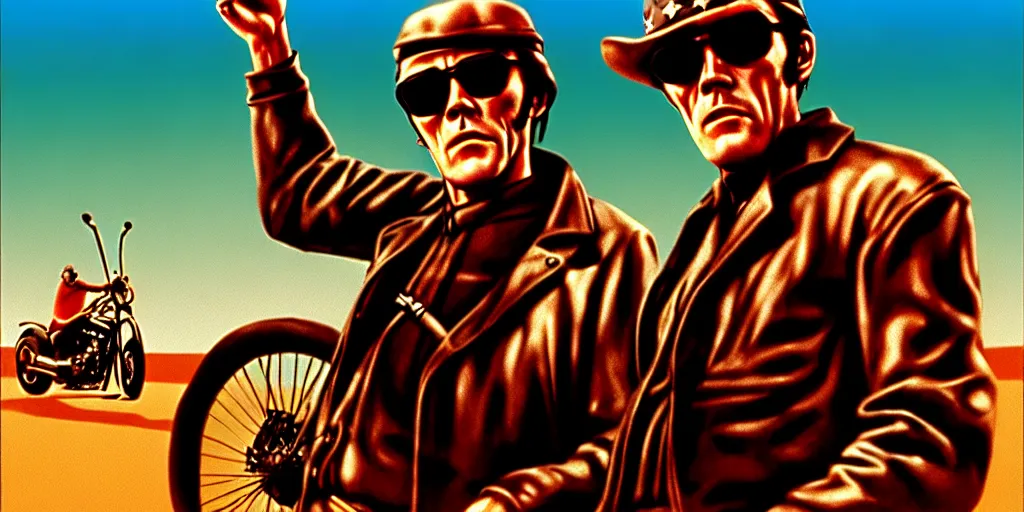 Image similar to easy rider movie poster with henry fonda and dennis hopper, unreal engine, detailed