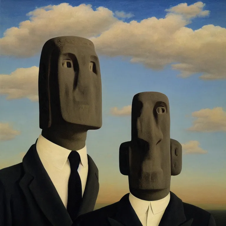 Image similar to portrait of a faceless moai - head man in a suit, clouds in the background, by rene magritte, detailed painting, distance, middle centered, hd, hq, high resolution, high detail, 4 k, 8 k