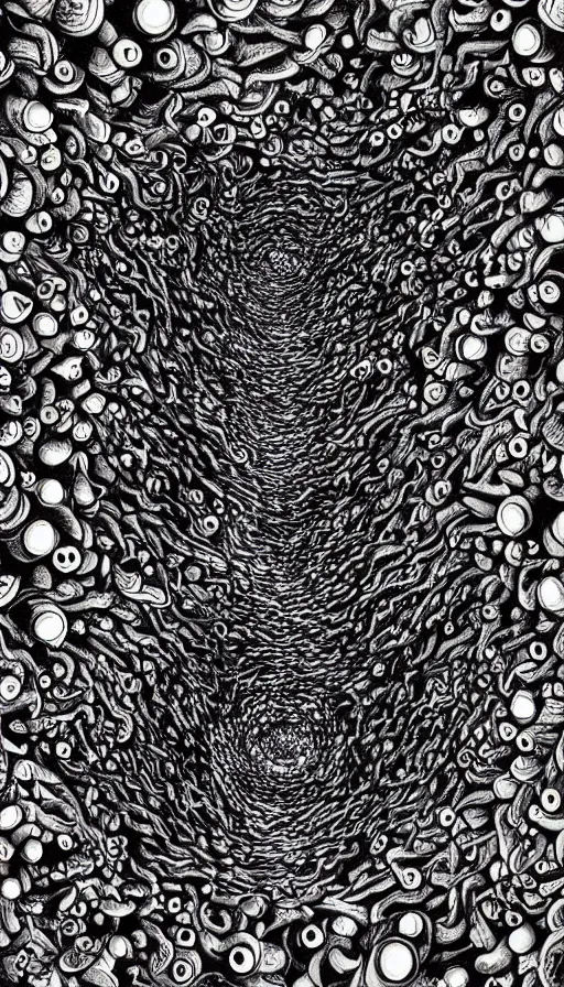 Image similar to a storm vortex made of many demonic eyes and teeth, by jason de graaf