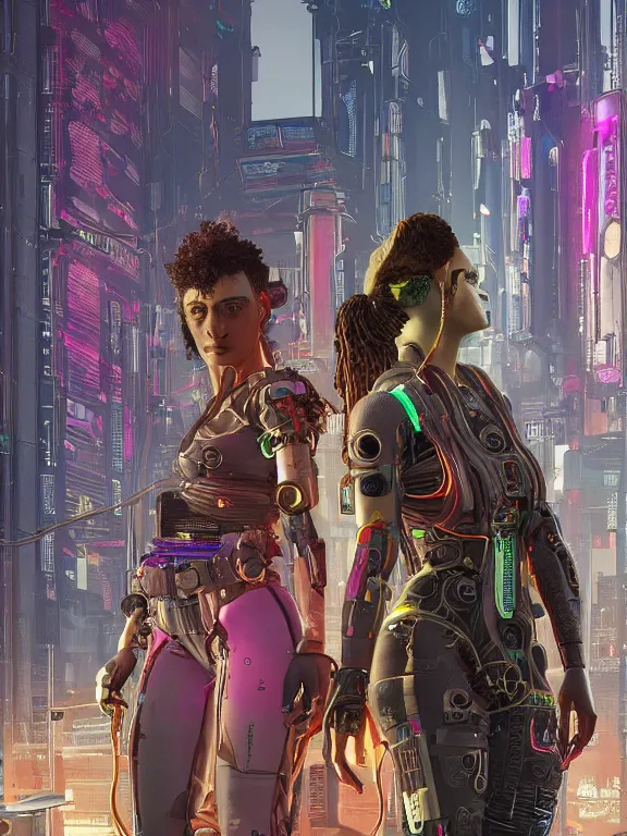 Prompt: a cyberpunk 2077 illustration half body portrait of two female android dancer queen,complex mess of cables and wires behind them connected to giant computer, film lighting, by laurie greasley,Lawrence Alma-Tadema,William Morris,Dan Mumford, trending on atrstation, full of color, mythological, high detailed,golden ratio,symmetrical proportions,cinematic lighting