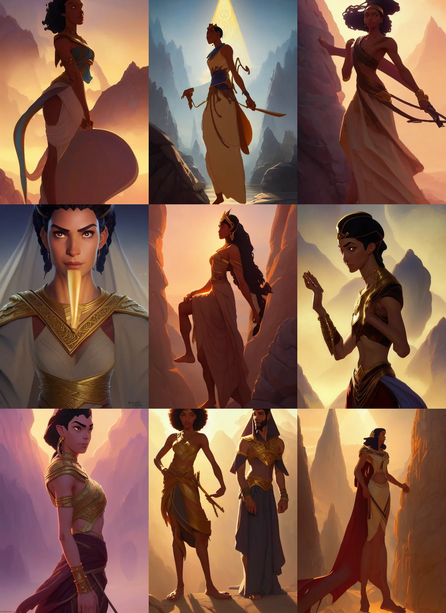 Prompt: characters from the prince of egypt, d & d, fantasy, intricate, elegant, highly detailed, digital painting, artstation, concept art, matte, sharp focus, illustration, hearthstone, art by artgerm and greg rutkowski and alphonse mucha