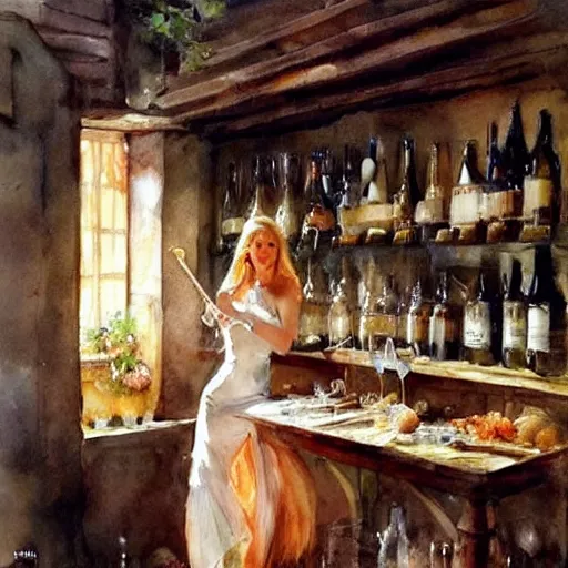 Image similar to beautiful blonde in hot dress in a wine cellar, food, pork, beer, schnapps, rustic, traditional, torches on the wall, watercolor by vladimir volegov and anders zorn, highly detailed, masterpiece