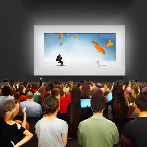 Image similar to cartoon, people listening to presentation on large screen, sitting in a large hall, dim painterly lighting volumetric aquatics, party