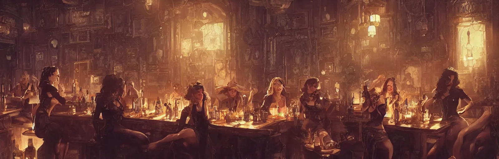 Image similar to women in the interior of a steampunk pub, Greg Rutkowski, Milo Manara, night time, smoking cigarettes, party hard, highly detailed, Quentin Tarantino movie posters, pulp fiction, level design, concept art, artstation, cgsociety, zenith view