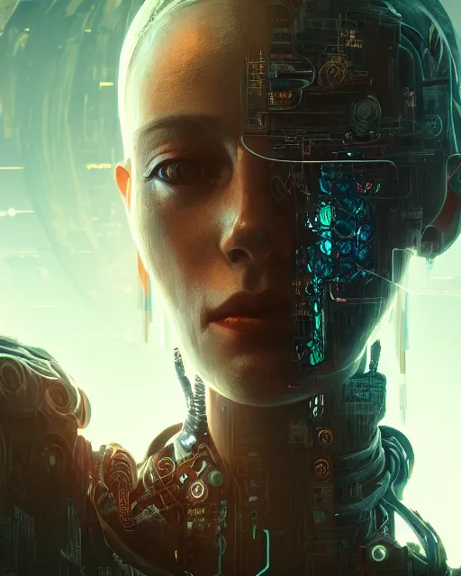 Image similar to portrait of a cyberpunk cyborg. sci - fi, intricate abstract upper body intricate, wlop, concept art, octane render, deviantart, greg rutkowski, cinematic, key art, hyperrealism,