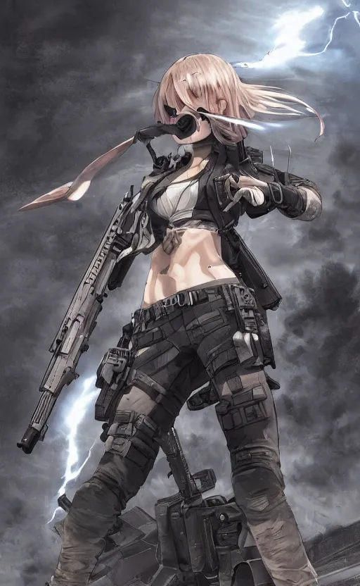 Prompt: highly detailed, high resolution, character design art, stunning, volumetric lightning, realistic guns, girls frontline style, matte, sharp focus, intricate, 150mm, illustration, artstation, by yusuke kozaki, realistic human anatomy, simple design, realistic military gear, metal gear style, comic book style